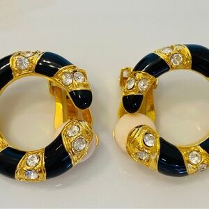 Vintage Jackie Collin’s Black Enamel and Rhinestone Clip On Earrings